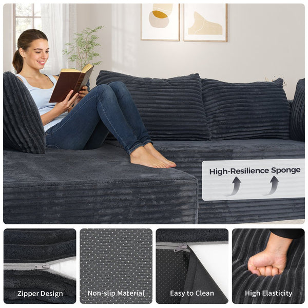 English Elm 100" Corduroy L-shaped Sectional with Deep Foam Seats for Cozy Living Spaces T5880S00025