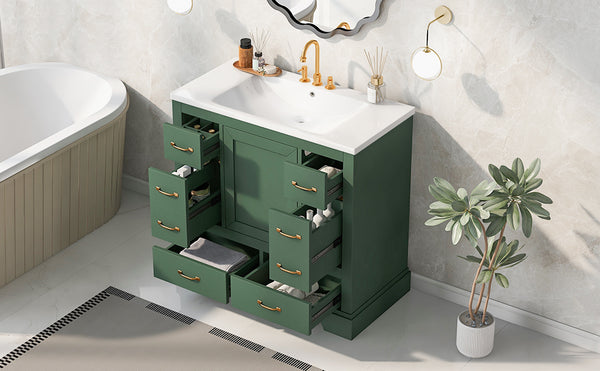 English Elm 36" Modern Bathroom Vanity with Ceramic Sink, Six Drawers, Adjustable Shelf, Solid Wood Build Green SY999808AAF-6