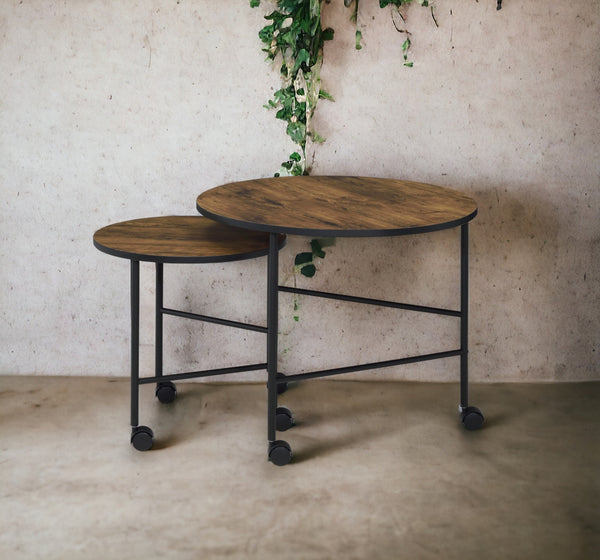 English Elm Oblis Vintage Oak Nesting Tables Set - 2Pc Wooden Round Tops, Metal Tripod Legs & Caster Wheels, Durable B2726P408070