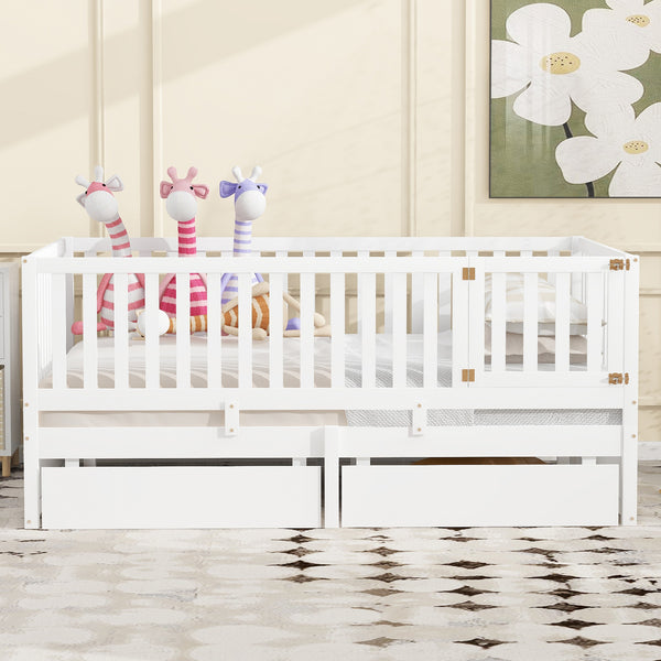 English Elm Full Size Pinewood Kids Daybed with Fence Rails Split Floor Bed and Storage Drawers White LP100882AAK