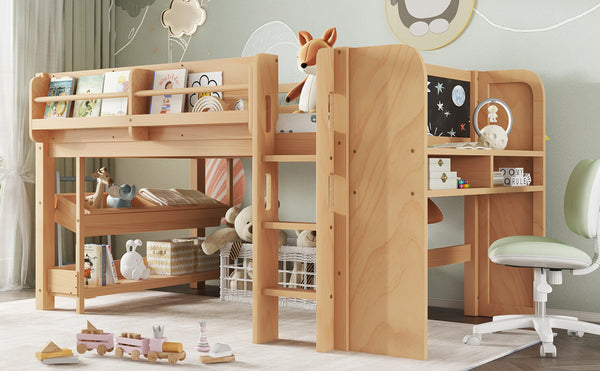 English Elm Twin Low Loft Bed Solid Pine Frame Kids Study Desk Blackboard Storage White W1580S00574