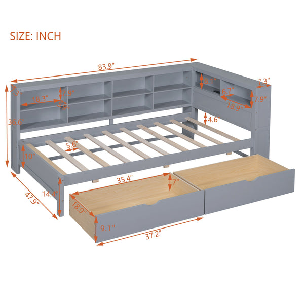 English Elm Wooden Twin Daybed with Storage Drawers Usb Charging Shelf and Pine Frame Grey N733S347768E