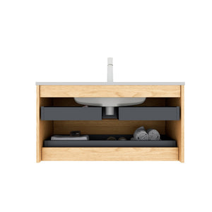 English Elm BRON 36" Bathroom Vanity with Ceramic Sink, Corolla Oak Grain Floating Cabinet, Soft-Close Drawers W2615P264556