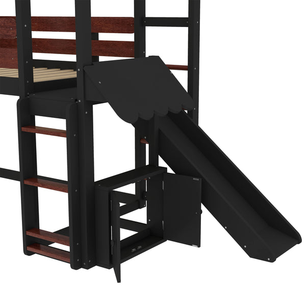English Elm Full Size Pine Loft Bed House Frame with Slide Bookshelves and Moon Star Rails W1580S00311