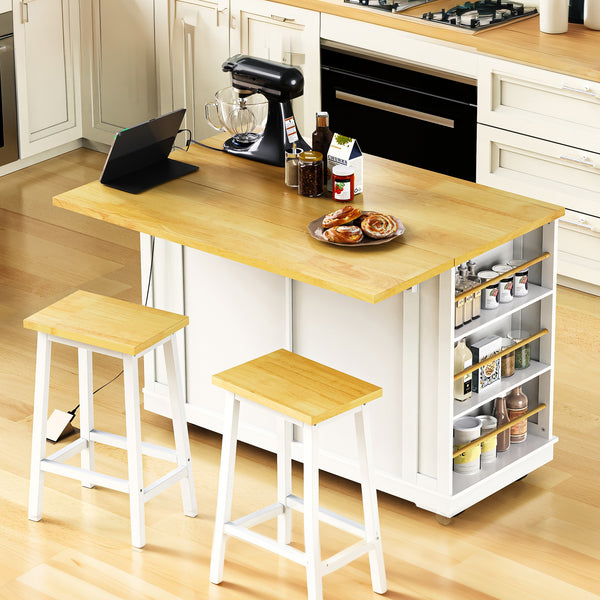 English Elm 48inch Kitchen Island Set with Bar Stools Drop Leaf Built in Power Station Mdf Storage White N707S003015W
