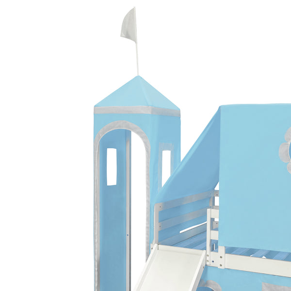 English Elm Twin Castle Loft Bed with Slide Tent Tower and Play Space for Kids Rooms Blue N708P249511C