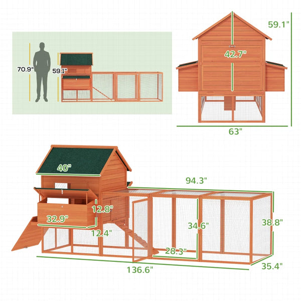 English Elm Chicken Coop Solid Fir Wood Elevated Backyard Hen House with Six Nesting Spaces T3971S00220