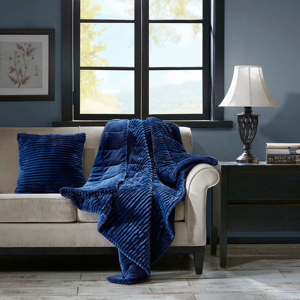JLA Home Madison Park - Oversized Plush Down Alternative Throw for Luxurious Warmth — Ribbed Face, Box Quilted, Machine-Washable Comfort Navy BASI50-0428