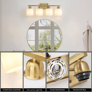 English Elm Gold 4-Light Modern Vanity Light Fixture - Elegant Wall Sconce With Frosted Glass Shades For Bathroom W2312P374856