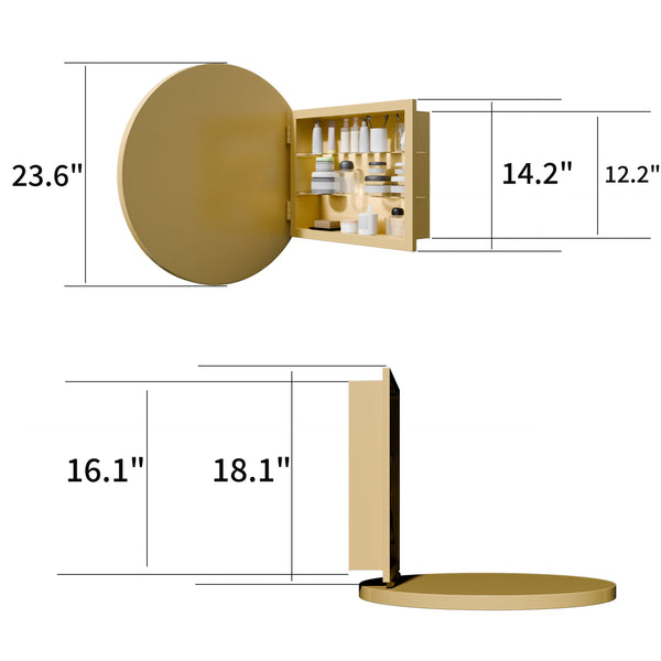 English Elm 23.6 Inch Round Matte Metal Medicine Cabinet with Mirrored Door and Adjustable Shelves Golden W1435P312262