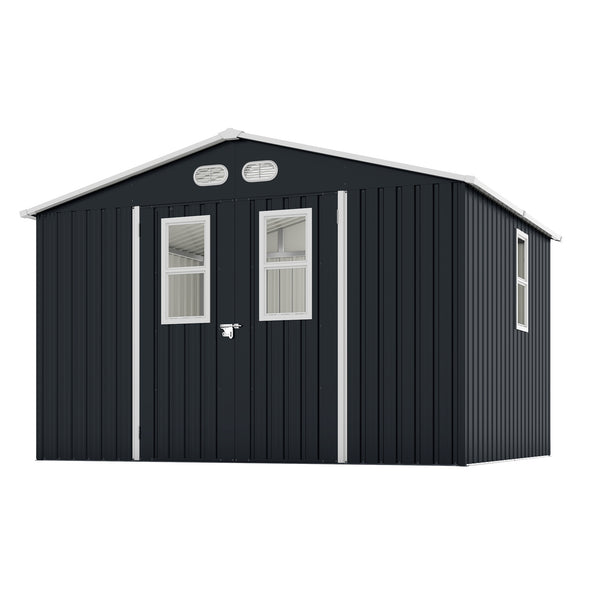 English Elm Outdoor Metal Storage Shed 8x10 with Four Windows Lockable Doors Waterproof Steel W1598S00038