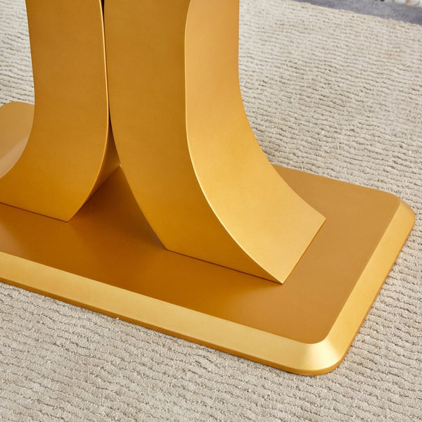 English Elm Table And Chair Set - Luxurious 71" Pandora Glass Dining Table With Golden C-Shaped Legs & 6 Pu Chairs W1151S03225-GIGA