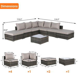 English Elm 8 Piece Modular Wicker Sectional Set with Tempered Glass Table for Patio Resort Style Light Gray W874S00056