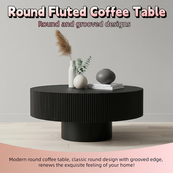 English Elm Round Fluted Pedestal Coffee Table Mid Century Mdf Base for Compact Living Spaces W3204P390987