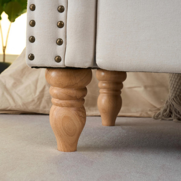 English Elm Storage Ottoman Bench Upholstered in Beige Fabric with Rolled Arms and Rubberwood Legs W3523P450228