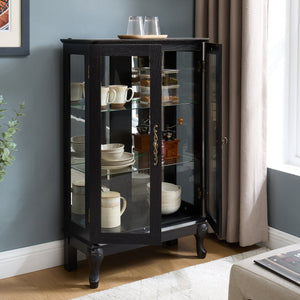 English Elm Curio Cabinet with Lighted Tempered Glass, Mirrored Back, Adjustable Shelves, Vintage Handle — Black W2275P389705