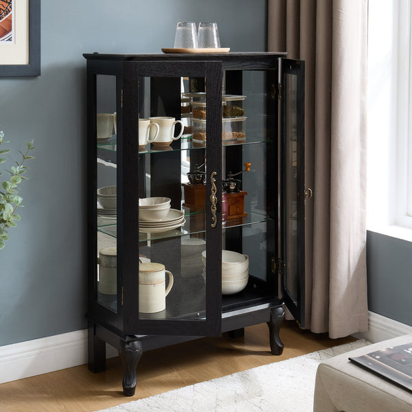 English Elm Curio Cabinet with Lighted Tempered Glass, Mirrored Back, Adjustable Shelves, Vintage Handle — Black W2275P389705