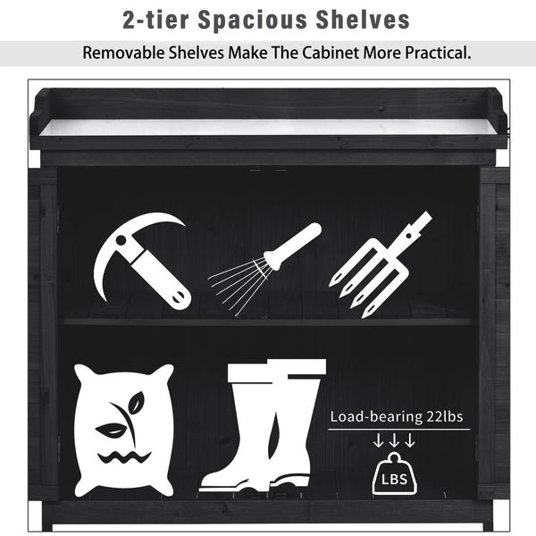 English Elm TOPMAX Rustic Fir Wood Potting Bench 39" with Galvanized Top, 2-Tier Shelves & Side Hooks, Black - Durable Garden Workstation N717P220218B