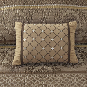 English Elm 6 Piece Bellagio Jacquard Quilt Set Reversible Full/Queen with Embroidered Leaf Motifs & Pillows Brown+Gold 22.44 L x 17.32 W x 12.2 H B03597483