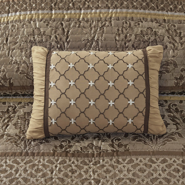 English Elm 6 Piece Bellagio Jacquard Quilt Set Reversible Full/Queen with Embroidered Leaf Motifs & Pillows Brown+Gold 22.44 L x 17.32 W x 12.2 H B03597483