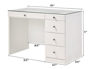 English Elm 2pc Vanity Set with LED Lighted Mirror Glass Top, 5 Drawers with Crystal Knobs and Stool White 46.97 L x 25.87 W x 2 H B2741S00140