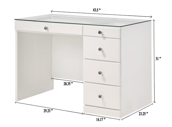 English Elm 3pc Sleek Makeup Vanity Set with Lighted Mirror, Glass Top, 5 Storage Drawers & Swivel Stool White 46.97 L x 25.87 W x 2 H B2741S00138