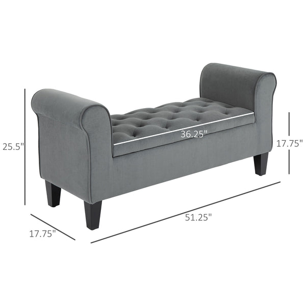 English Elm HOMCOM Button-Tufted Storage Ottoman Bench with Rolled Arms, Velvet-Feel Grey Upholstered Seat, 286 lb Capacity W2225P173825