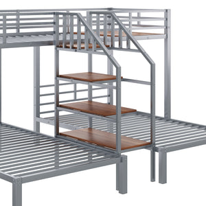 English Elm Metal Triple Bunk Bed Space-Saving Twin over Twin & Twin Design with Staircase Storage Shelves, Durable Metal Frame Silver GX001115AAN