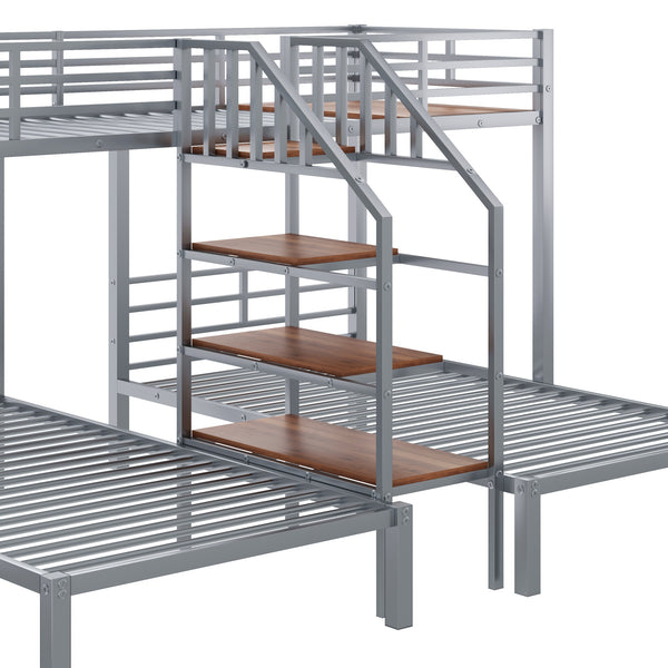 English Elm Metal Triple Bunk Bed Space-Saving Twin over Twin & Twin Design with Staircase Storage Shelves, Durable Metal Frame Silver GX001115AAN