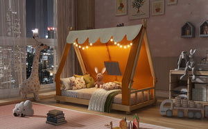 English Elm Twin Cabin Bed with Detachable Tent Skylight and Woodland Deer Antler Accents Brown N708P356716D