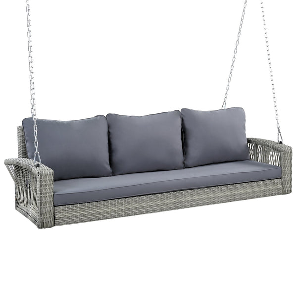 English Elm GO 69" PE Wicker 3-Person Porch Swing with 800lb Capacity, Cushioned Patio Bench for Backyard Relaxation Gray N704P250643E