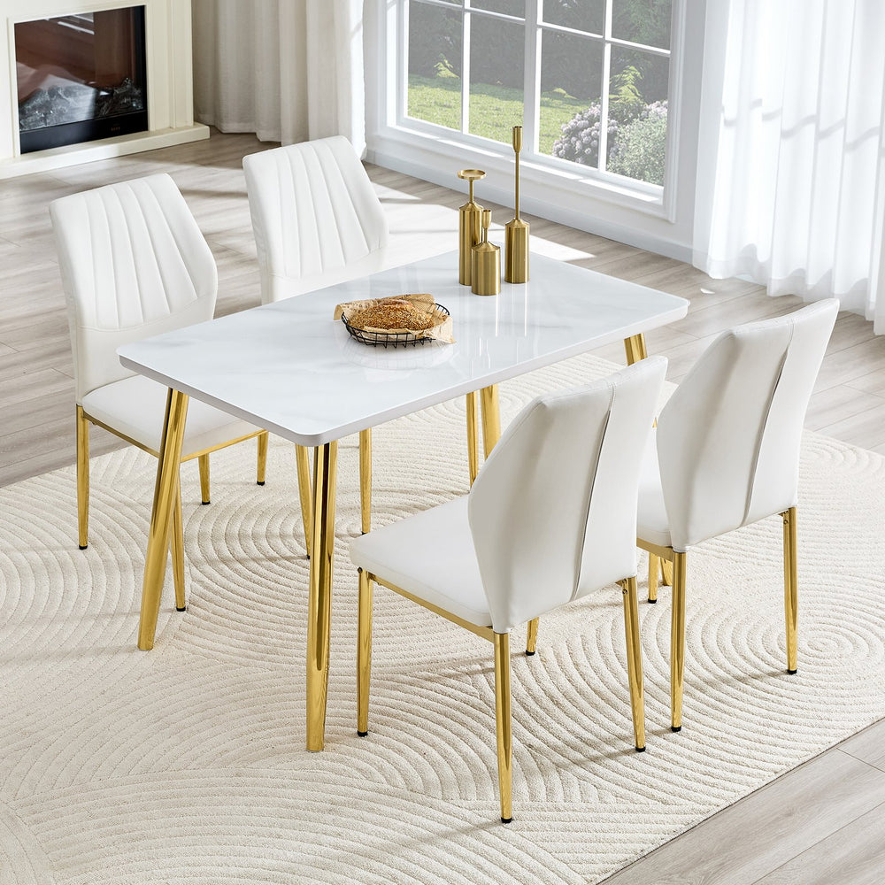 English Elm Table and Chair Set Marble Glass Top Gold Legs Modern Dining for Small Spaces W1151S04637