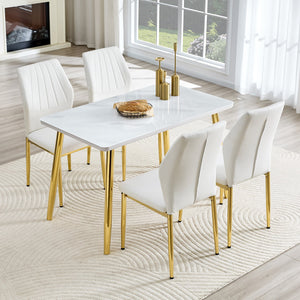English Elm Table and Chair Set Marble Glass Top Gold Legs Modern Dining for Small Spaces W1151S04637