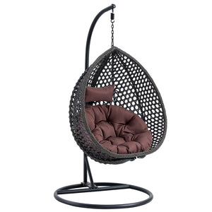 English Elm 76.8-inch Hand Woven Rattan Egg Swing Chair Indoor Outdoor with Cushion Lumbar Pillow Black W1512P498596