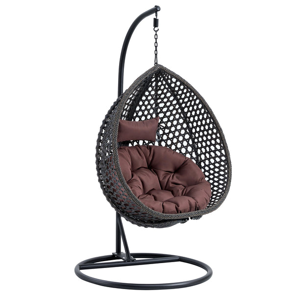 English Elm 76.8-inch Hand Woven Rattan Egg Swing Chair Indoor Outdoor with Cushion Lumbar Pillow Black W1512P498596