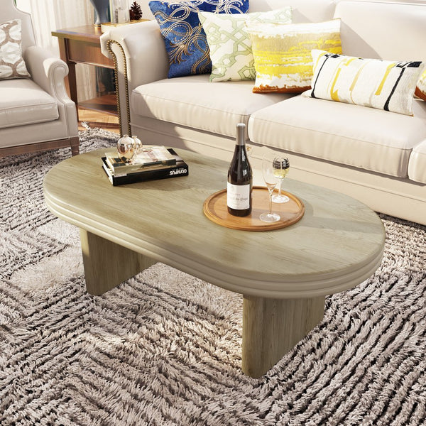 English Elm Mid Century Modern Oval Fluted Coffee Table with Wood Veneer for Living Room Natural W757P370240