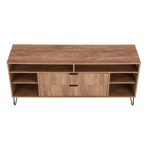 English Elm Dumbo 63" Fluted Media Console with Gold Legs, 2 Drawers, 6 Shelves & Wire Management Elegance Brown B365P397913