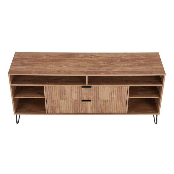 English Elm Dumbo 63" Fluted Media Console with Gold Legs, 2 Drawers, 6 Shelves & Wire Management Elegance Brown B365P397913