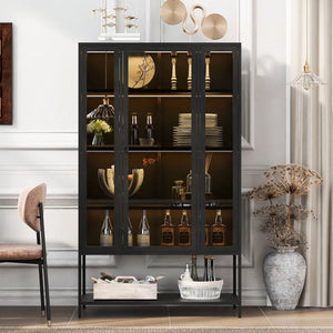 English Elm 67.25'' Tall Steel Curio Cabinet with Led Lighting and Tempered Glass Panels Black SN845P263995B