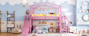 English Elm Twin Metal Loft Bed with Built-in Wardrobe Storage Stairs Led Lights and Usb Ports W5316S00046