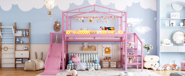 English Elm Twin Metal Loft Bed with Built-in Wardrobe Storage Stairs Led Lights and Usb Ports W5316S00046