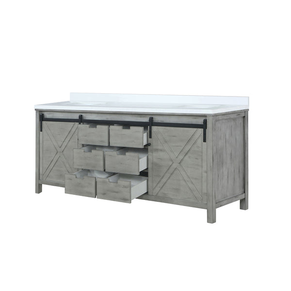 English Elm Ash Grey Double Bath Vanity 80 in W x 22 in D with White Quartz Top, Soft-Close Drawers & Ample Storage B2731P261003