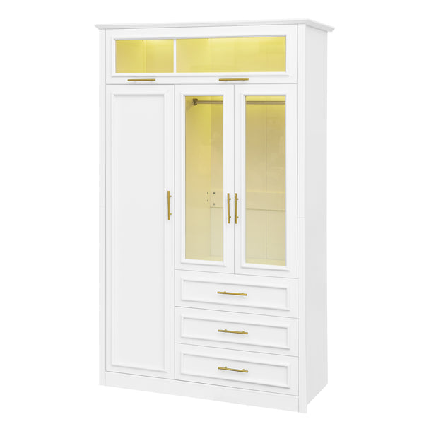 English Elm 3 Door Wardrobe Armoire Closet with LED Lighting, 4-Door Style, 3 Drawers, White Gold Accents, Spacious Storage N7090001843K