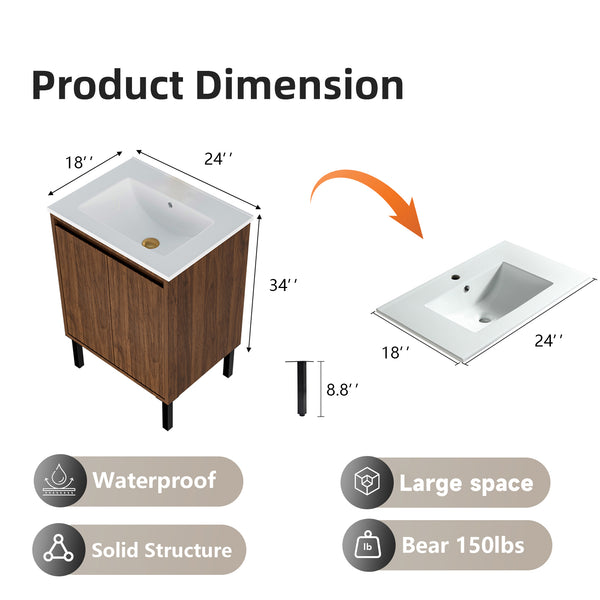 English Elm 24 Compact Bathroom Vanity with Sink — Floor-Standing Stability, Soft-Close Drawers, Large Storage, Durable Finish Walnut 29.13 L x 6.49 W x 26.37 H W3520S00012