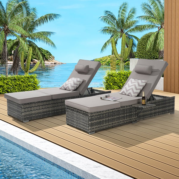 English Elm Outdoor Chaise Lounge Chair Set Of 2 - Adjustable Rattan Recliners With Cushions & Side Table W874P266308