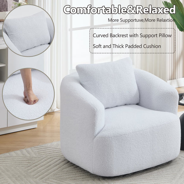 English Elm 360° Swivel Barrel Chair Teddy Fleece Upholstery with Pillow for Bedroom Reading Nook W1803P363035