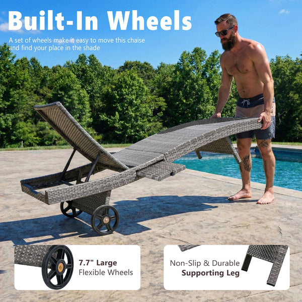 English Elm K&k Outdoor Wicker Reclining Chaise Set 2 Piece with Pull Out Tray Rolling Wheels Grey N707P395515E
