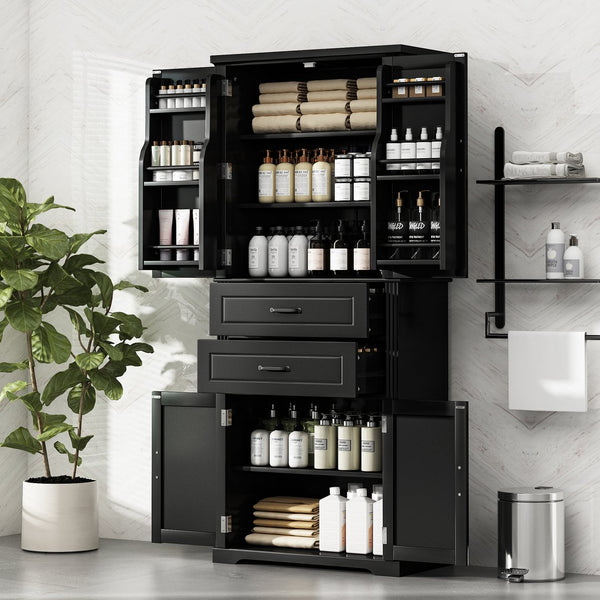 English Elm [video] Floor to Ceiling Matte Storage Cabinet with Drawers Shelves and Adjustable Interior Black N759P407762B