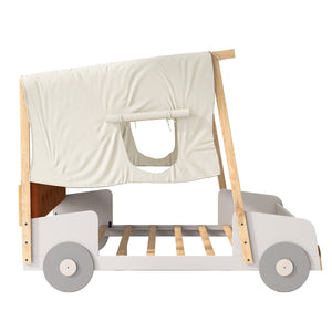 English Elm Wood Full Size Car Bed with LED Night Lights, Pine Frame, Imaginative Canopy & Cozy Pillow (Natural) WF309289AAM