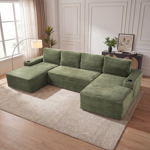 English Elm Compressible Corduroy U-shaped Sectional Cloud Sofa Modular Living Room Couch Green W5515S00029